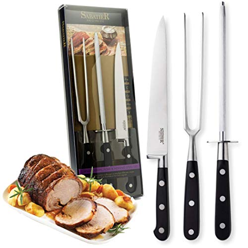 Conjunto De Cuchillo Sabatier Tallado Profesional De 3 Piezas, Tenedor Y Acero Afilado. Cromo-Molibdeno-Vanadio Hoja De Acero Inoxidable. Construcción Completa De Remache Triple Tang