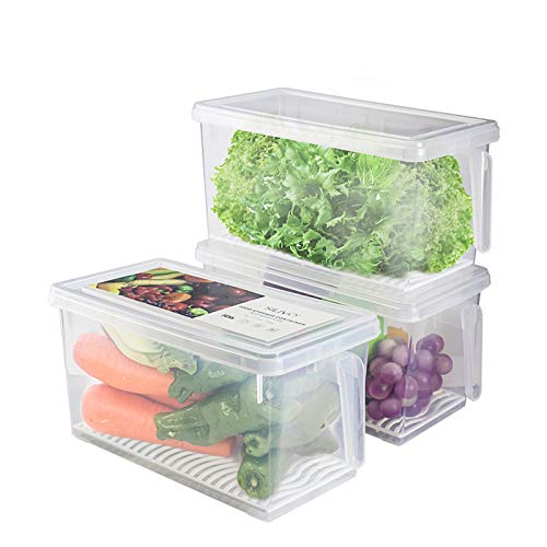Contenedores organizadores de refrigerador de Produce Saver – 5 L x 3 SILIVO FreshWorks apilables con bandeja de drenaje extraíble para producción, frutas, verduras, carne y pescado