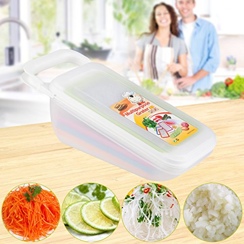 Cooko Cortador de Verduras,Conjunto de Rallador,Mandolina Vegetal Slicer para Zanahoria, Queso, Pepino, Tomate y Calabacín, 4 Hojas de Acero Inoxidable-Grater,Shredder, Julienne y Zester