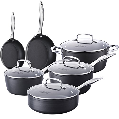 COOKSMARK Kingbox Batería de Cocina 10 piezas Juego de Ollas y Sartenes Antiadherentes de Aluminio Juego de Cacerolas con Tapas de Cristal Apta para el lavavajillas Gris