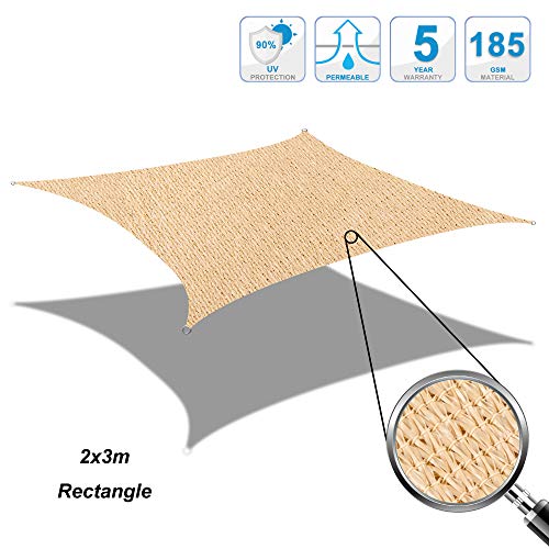 Cool Area Toldo Vela de Sombra Rectangular 2 x 3 Metros Protección Rayos UV, Resistente y Transpirable para Patio Exteriores Jardín, Color Arena