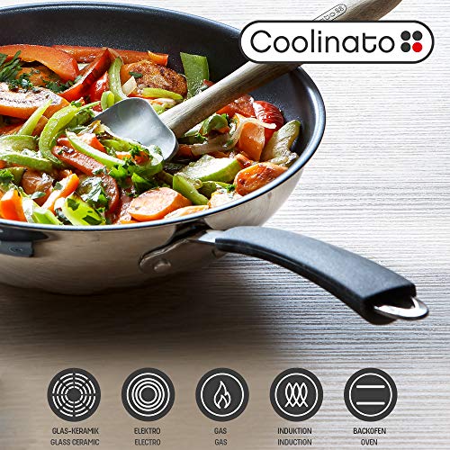 Coolinato - Sartén de 26 cm de acero inoxidable con revestimiento para wok de cristal, cerámica, gas, inducción y horno, apta para lavavajillas