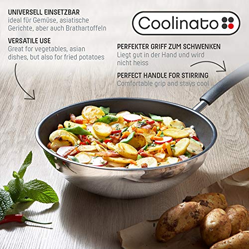 Coolinato - Sartén de 26 cm de acero inoxidable con revestimiento para wok de cristal, cerámica, gas, inducción y horno, apta para lavavajillas