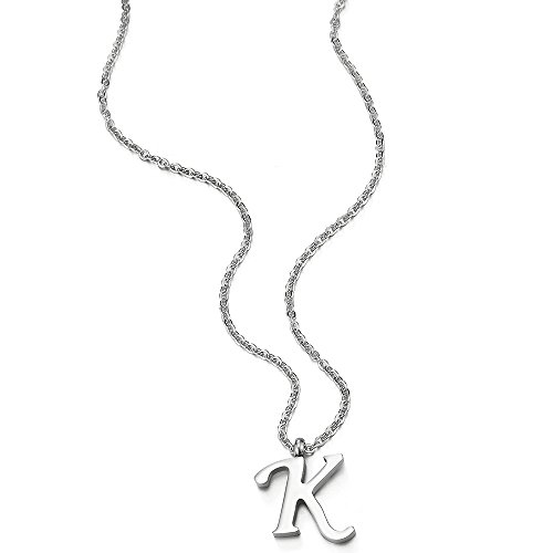 COOLSTEELANDBEYOND Nombre Inicial Letra del Alfabeto K Colgante, Collar de Mujer Hombre, Acero Inoxidable,50cm Cadena Cuerda
