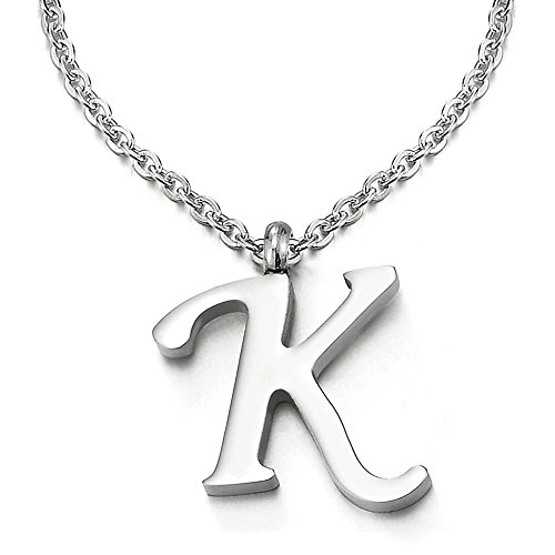 COOLSTEELANDBEYOND Nombre Inicial Letra del Alfabeto K Colgante, Collar de Mujer Hombre, Acero Inoxidable,50cm Cadena Cuerda