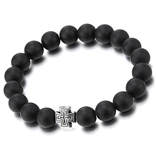 COOLSTEELANDBEYOND Pulsera de Negro Ónix Perlas con Vintage Cruz Charm, Brazalete de Hombre Mujer, Prayer Mala, Estirable