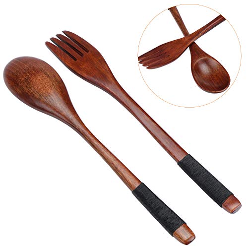 Coolty Juego de 6 cucharas de madera natural, mango largo, diseño anticalor, utensilios de cocina