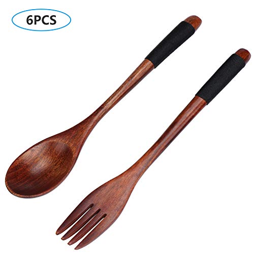 Coolty Juego de 6 cucharas de madera natural, mango largo, diseño anticalor, utensilios de cocina