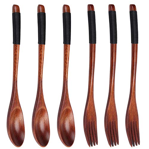 Coolty Juego de 6 cucharas de madera natural, mango largo, diseño anticalor, utensilios de cocina