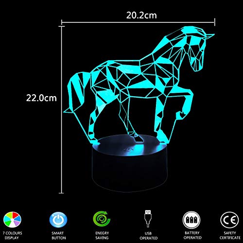 Coolzon 3D Led Lamparas de Mesilla de Noche luz Noche Infantil 7 Cambiar el Color botón táctil Caballo Lampara Noche niños Decoracion Habitacion Juvenil [Clase de eficiencia energética A+]