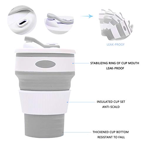 Copa Plegable de Silicona, Taza de café Plegab,Reutilizable Taza de Viaje de Silicona Plegable Taza de Café Plegable Taza para Camping Caminatas Picnic(Gris)
