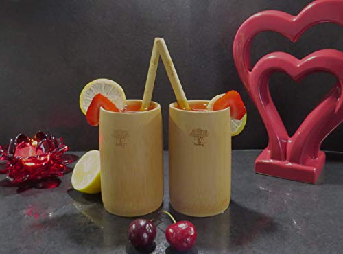Copas de bambú/libre de melamina/reutilizables/libre de BPA, ecológico/niños y adultos/bebidas calientes o frías/juego de 2 con 4 pajitas de bambú, un limpiador de pajitas y bolsa de viaje de lona