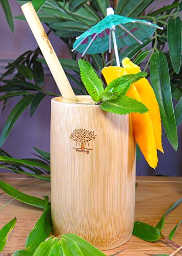 Copas de bambú/libre de melamina/reutilizables/libre de BPA, ecológico/niños y adultos/bebidas calientes o frías/juego de 2 con 4 pajitas de bambú, un limpiador de pajitas y bolsa de viaje de lona