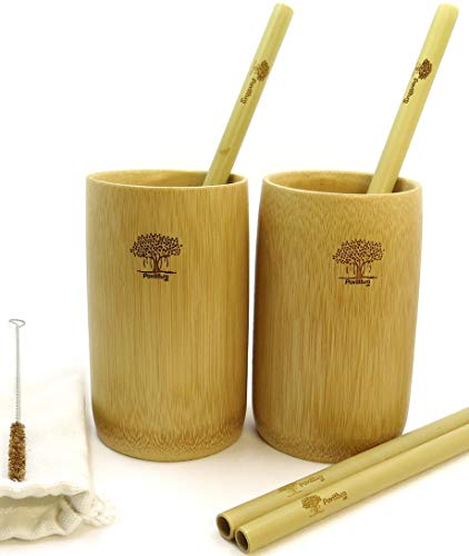 Copas de bambú/libre de melamina/reutilizables/libre de BPA, ecológico/niños y adultos/bebidas calientes o frías/juego de 2 con 4 pajitas de bambú, un limpiador de pajitas y bolsa de viaje de lona