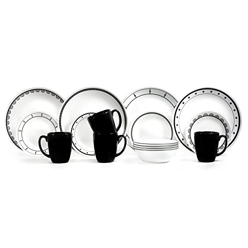 Corelle 3236 - Vajilla resistente a las virutas y las roturas (16 piezas), color negro y blanco