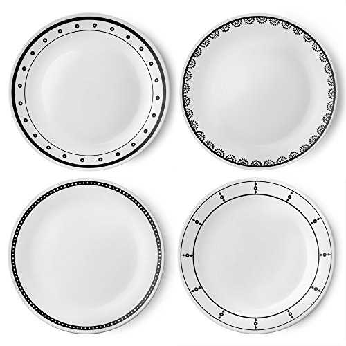 Corelle 3236 - Vajilla resistente a las virutas y las roturas (16 piezas), color negro y blanco
