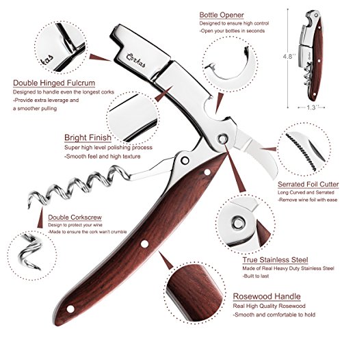 CORKAS Sacacorchos de Camarero, Abrebotellas, Sacacorchos Profesional, Foil Cortador, Sacacorchos Vino de Acero Inoxidable y con Cuchilla Cortacapsulas, Utensilios de Bar y Cocina