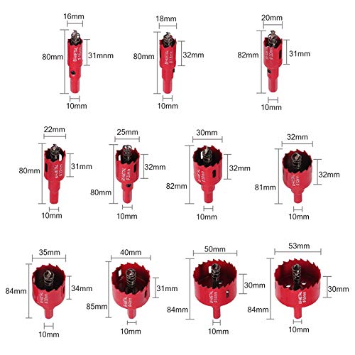 Coronas Perforadoras 11 Piezas 16-53mm HSS Brocas Corona de Acero de Alta Velocidad con Punton Central y Resorte Juego de Sierras Perforadoras para Madera Blanda Chapa de PVC Plástico Yeso