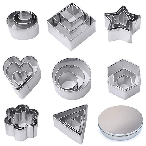 Cortadores de Galletas de Acero Inoxidable, 24 Piezas Moldes para Cortar Galletas(forma de flor, corazón, estrella, redondo, cuadrado, rectangular, triángulo y ovalado)para Galletas, Fondant, Pasteles