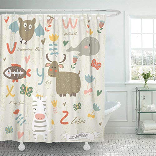 Cortina de ducha de tela con ganchos Alfabeto del zoológico con lindos animales en dibujos animados Letras V W X Y Z Vampiro Murciélago Ballena Rayo Pescado Baño decorativo tratado para resistir el de