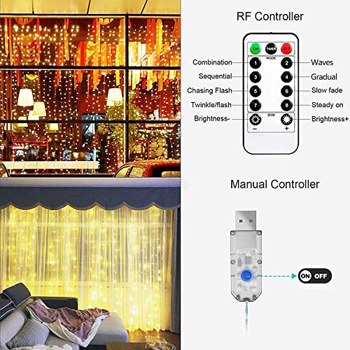 Cortina de Luces, Fenvella LED Luces de Cortina Carámbano de Blanco Cálido con 8 Modos de Luz Perfecto para Decoración de Navidad, Festival,Fiestas, Casa,Jardín,Boda,etc