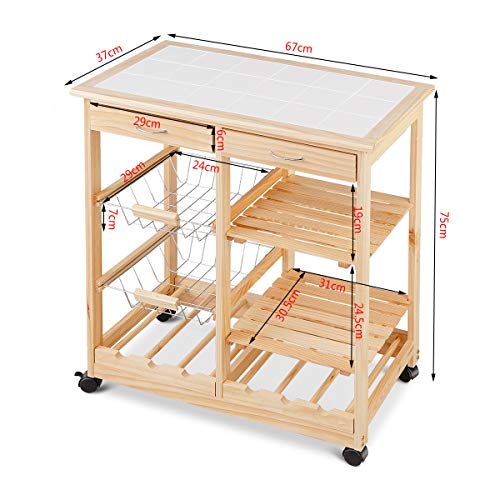 COSTWAY Carro Cocina Verdulero con Ruedas de Madera Multiuso Carrito de Comedor Servicio 67x37x76cm con Botellero 2 Cesta (Color Natural)