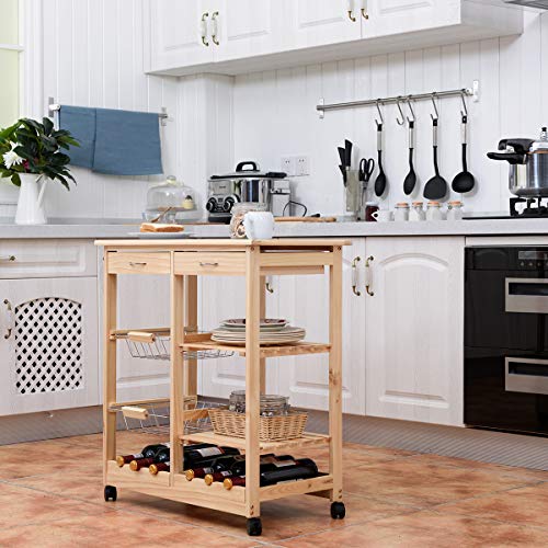 COSTWAY Carro Cocina Verdulero con Ruedas de Madera Multiuso Carrito de Comedor Servicio 67x37x76cm con Botellero 2 Cesta (Color Natural)