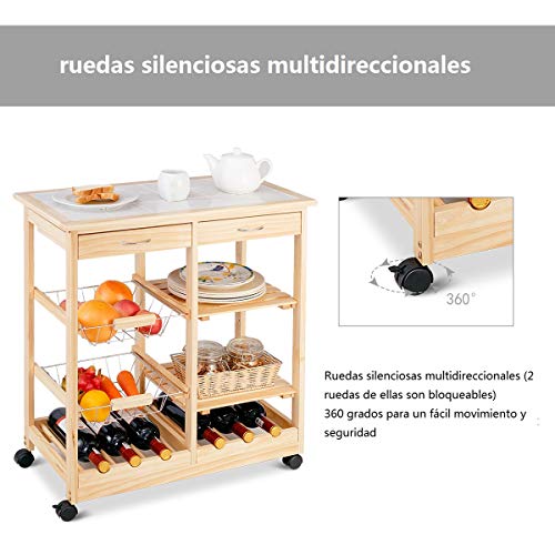 COSTWAY Carro Cocina Verdulero con Ruedas de Madera Multiuso Carrito de Comedor Servicio 67x37x76cm con Botellero 2 Cesta (Color Natural)