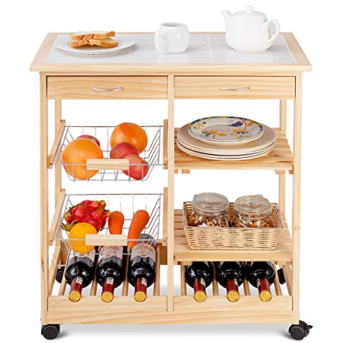 COSTWAY Carro Cocina Verdulero con Ruedas de Madera Multiuso Carrito de Comedor Servicio 67x37x76cm con Botellero 2 Cesta (Color Natural)