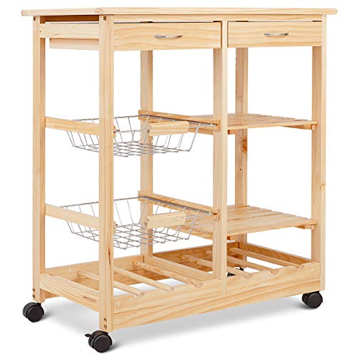 COSTWAY Carro Cocina Verdulero con Ruedas de Madera Multiuso Carrito de Comedor Servicio 67x37x76cm con Botellero 2 Cesta (Color Natural)