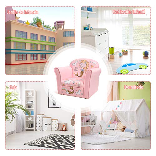 COSTWAY Sillón para Niños con Patrón Animado Sofá Individual para Infantil de Espuma para Dormitorio Cuarto de los Niños (Rosa)