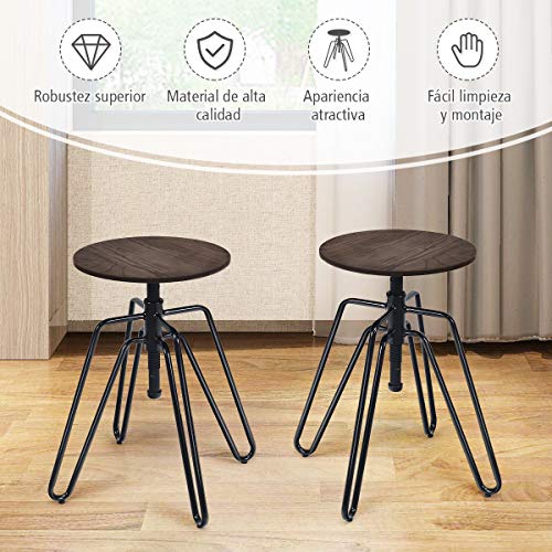 COSTWAY Taburetes de Bar Altura Ajustable Juego de 2 Piezas Silla Estilo Industrial de Asiento de Madera y Patas de Metal para Comedor Pub Bistrós