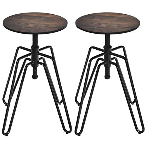COSTWAY Taburetes de Bar Altura Ajustable Juego de 2 Piezas Silla Estilo Industrial de Asiento de Madera y Patas de Metal para Comedor Pub Bistrós