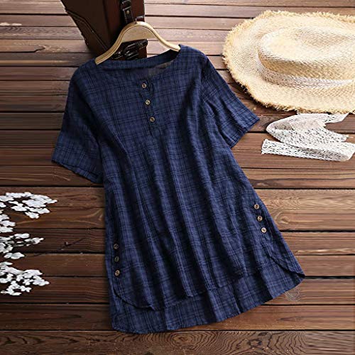COZOCO Moda Mujer Manga Corta Botón Hebilla De Algodón De Lino Casual Top Blusa
