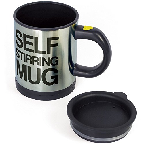CrazyAboutGadgets Self Stirring Mug - Tazas de Desayuno Auto-removible, 14 x 11 x 8.5 cm, color Negro y Plateado