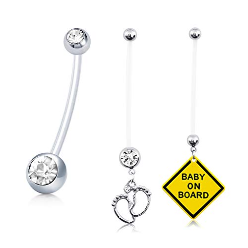 Crdifu 3 unids Anillo del Ombligo Embarazo con cuelgan los pies del bebé 14 Gauge Flexible Bioflex PTFE Ombligo Bar Piercing joyería