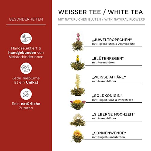 Creano Tea Flowers Mix - Set de regalo "ErblühTee", set gourmet con jarra de cristal y tazas de té | té blanco (6 variedades diferentes)
