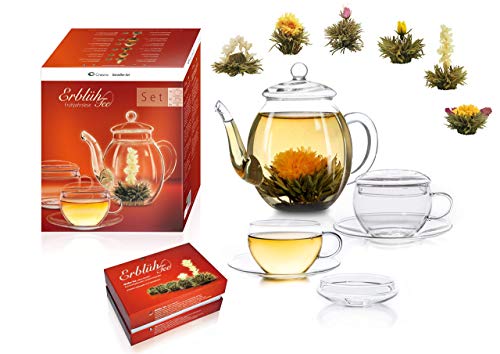 Creano Tea Flowers Mix - Set de regalo "ErblühTee", set gourmet con jarra de cristal y tazas de té | té blanco (6 variedades diferentes)