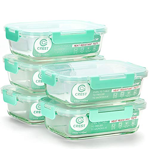 CREST Set de 5 Recipiente - Contenedor de Almacenamiento de Alimentos de Vidrio - 10 piezas (5 envases + 5 tapas) Para preparar alimentos - Sin BPA