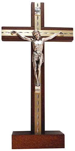 Crucifijo de Madera de Haya Oscura de pie de 20 cm con Peltre de 2 cm y corazón Doble 11584