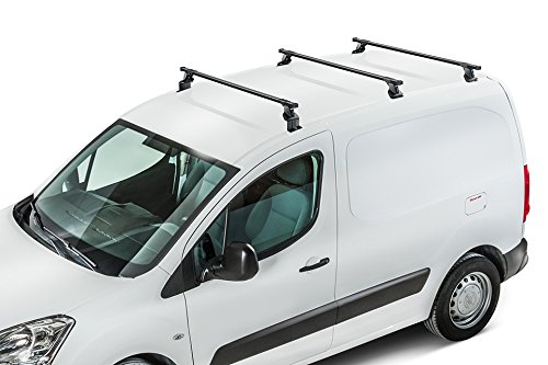Cruz - Sistema de 3 Barras de Techo de Acero para Cargas Pesadas, para Peugeot Partner Largo (II) (2008-actualidad), 30 x 20 de diámetro