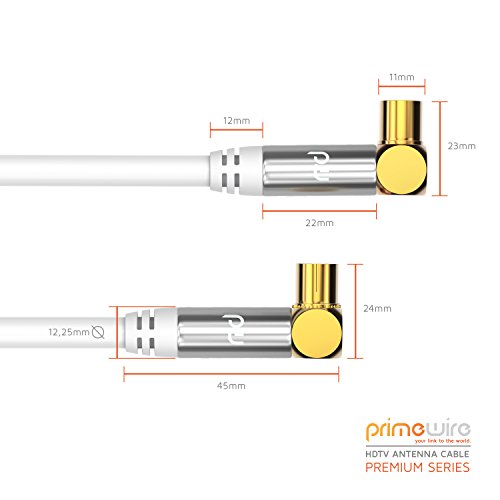 CSL-Computer 5,0m Cable de Antena HQ HDTV Premium - En ángulo 90 Grado - Factor de blindaje 135 dB - Resistencia 75 ohmios - Cable coaxial - Clavija coaxial Macho a Hembra - Blanco