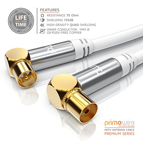 CSL-Computer 5,0m Cable de Antena HQ HDTV Premium - En ángulo 90 Grado - Factor de blindaje 135 dB - Resistencia 75 ohmios - Cable coaxial - Clavija coaxial Macho a Hembra - Blanco
