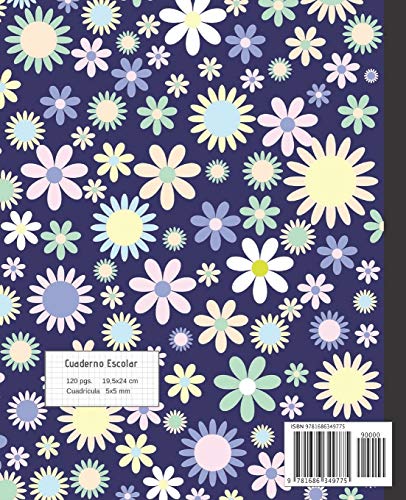 CUADERNO ESCOLAR: Bonito cuaderno de hoja cuadriculada DIAMOND |  Tamaño especial para la mochila o cartera del colegio  | 120 páginas de cuadrícula ... de alta calidad | Diseño flores - fondo azul.