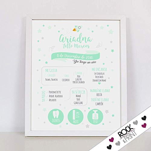 Cuadro cohete datos primer cumpleaños del bebé. Incluye marco. Elige el color de la lámina. Recuerdo personalizado. Regalo original niña 1 año