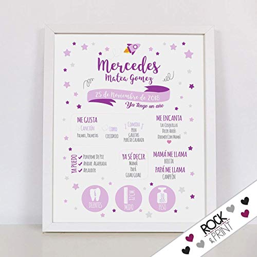 Cuadro cohete datos primer cumpleaños del bebé. Incluye marco. Elige el color de la lámina. Recuerdo personalizado. Regalo original niña 1 año