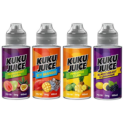 Cuatro Frutas Paquete - 4 x 100ml Maracuyá y Guayaba, Helado Mango, Piña y Lima, Grosella Negra y Limón E líquido 70VG/30PG Vape 0mg sin nicotina (Kuku Juice E-Liquid)