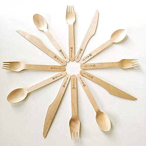 Cubiertos desechables de madera (150 paquete) 50 tenedores | 50 cucharas | 50 cuchillos - Biodegradable y respetuoso del medio ambiente | Alternativa perfecta al plástico | 100 palitos de bambú