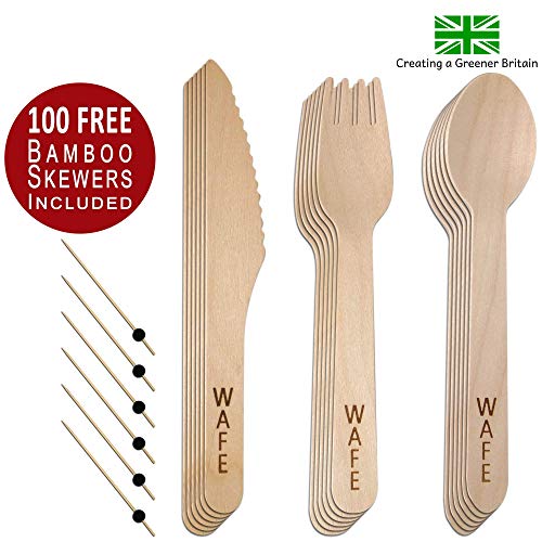 Cubiertos desechables de madera (150 paquete) 50 tenedores | 50 cucharas | 50 cuchillos - Biodegradable y respetuoso del medio ambiente | Alternativa perfecta al plástico | 100 palitos de bambú
