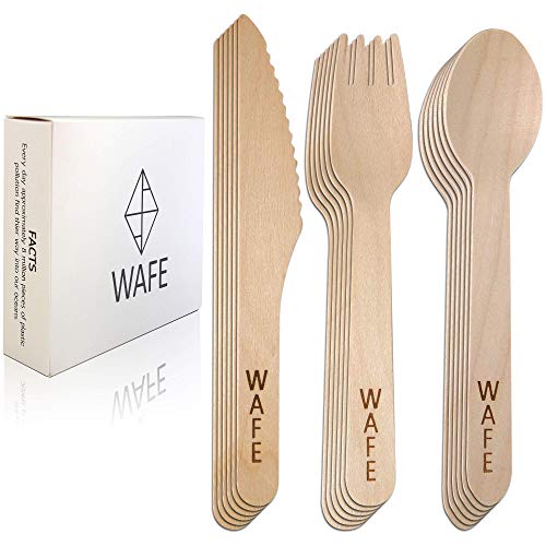 Cubiertos desechables de madera (150 paquete) 50 tenedores | 50 cucharas | 50 cuchillos - Biodegradable y respetuoso del medio ambiente | Alternativa perfecta al plástico | 100 palitos de bambú